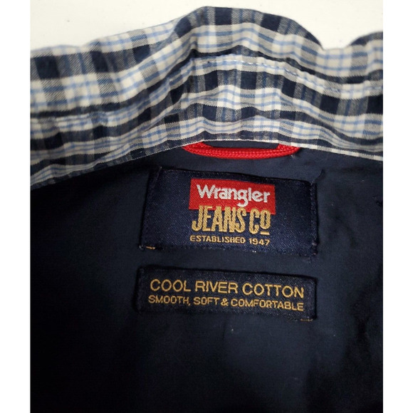 Wrangler Jeans Co Shirt Mens Large Button Down Blue White Plaid Cool Cotton - Picture 7 of 12